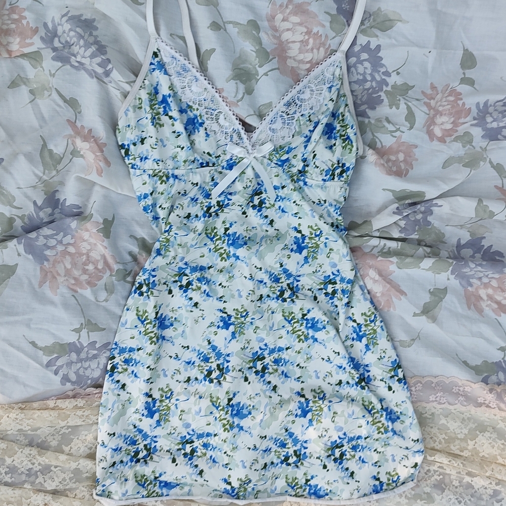 EUC Fairy Fairycore Coquette Blue Floral Sexy Cute Stretch Mini Slip Dress
